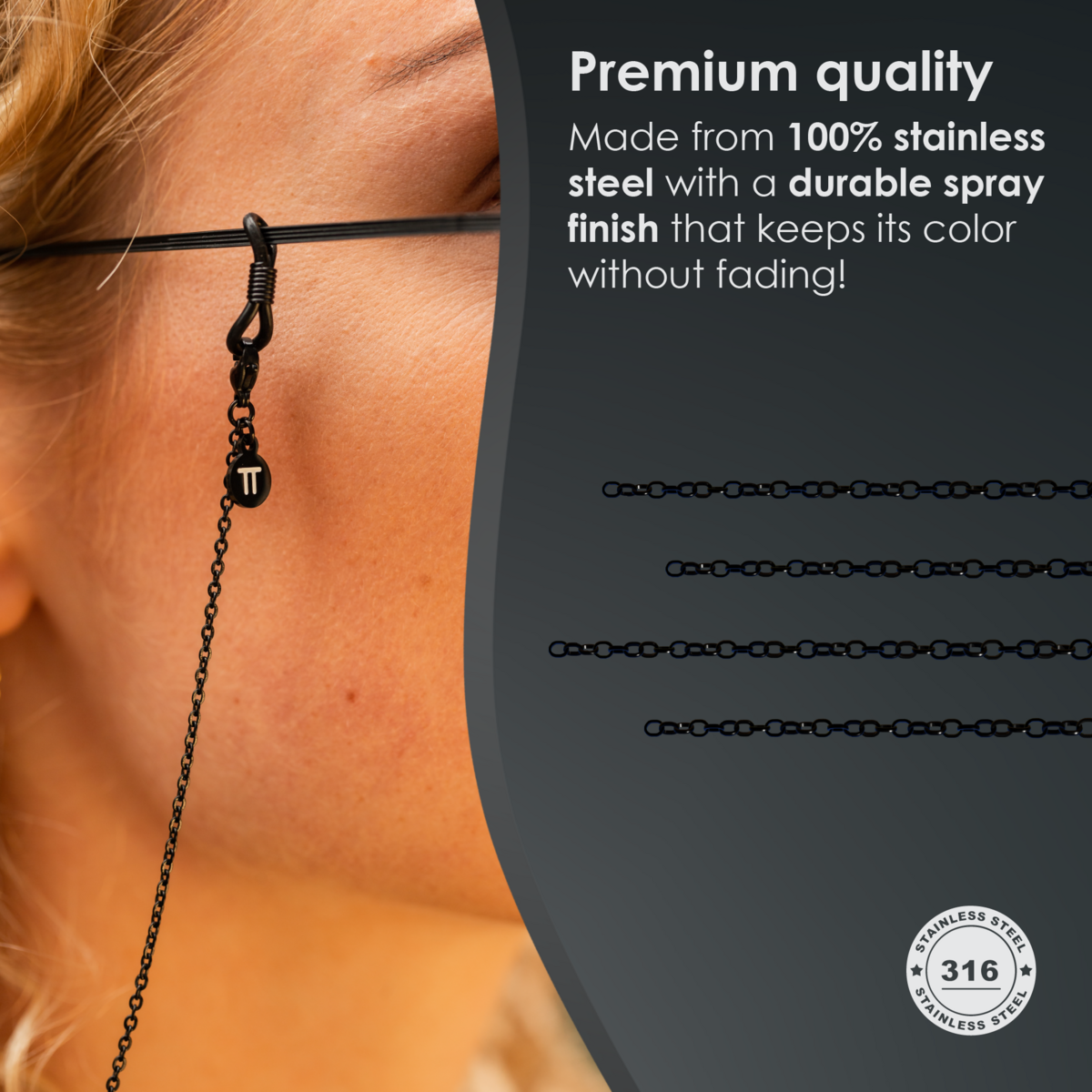 Glasses Cord Basic Black — 100% Stainless Steel & Unisex Eyewear Cords for Women and Men — Glasses Chain with Extra Loops — Brillenkoord Brillenband Brillenkette Cordon de Lunettes Cordón Para Gafas