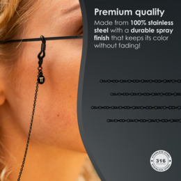 Glasses Cord Basic Black — 100% Stainless Steel & Unisex Eyewear Cords for Women and Men — Glasses Chain with Extra Loops — Brillenkoord Brillenband Brillenkette Cordon de Lunettes Cordón Para Gafas