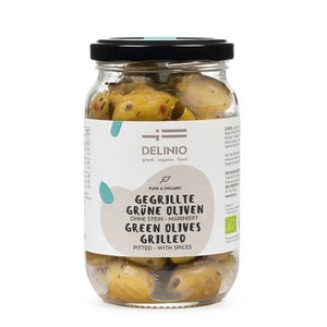 Grilled green organic olives, marinated, 370 ml jar