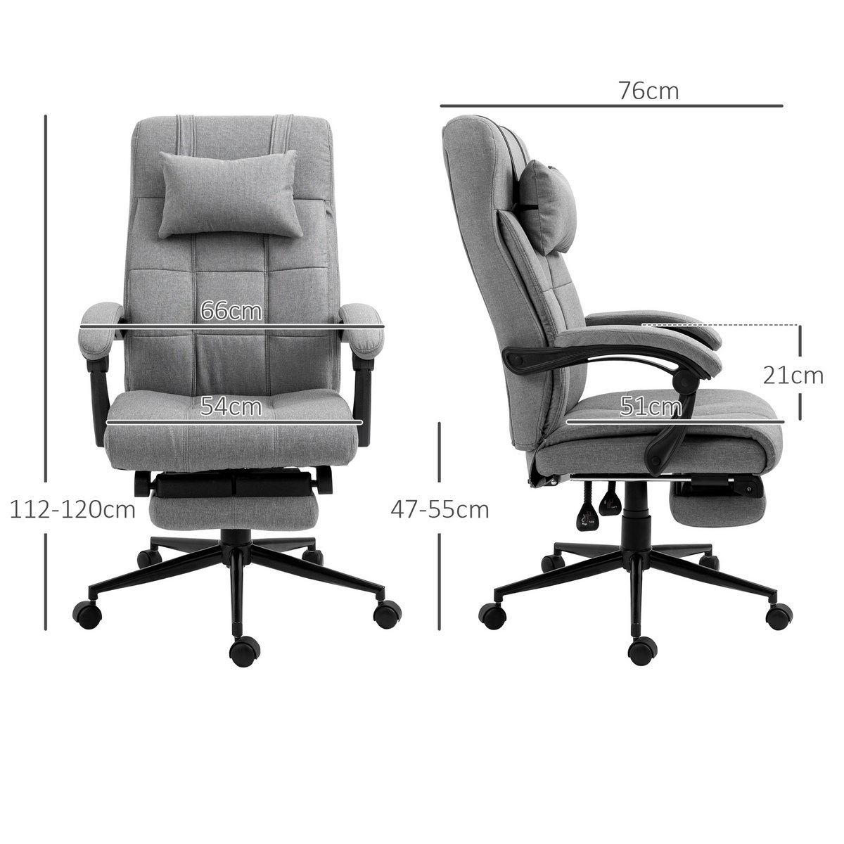 Office chair with pillow armrest Desk chair with tilt angle Height-adjustable swivel chair with footrest Linen foam PVC Light gray 66 x 76 x 112-120 cm