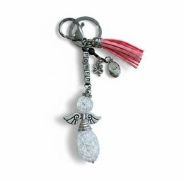 Silver angel charm keychain with white stone bead, pink tassel, strength protection accessory.