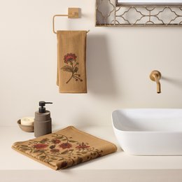  Cotton hammam terry bath towel set, floral botanical print design, honey and clay colors, absorbent bathroom towels.