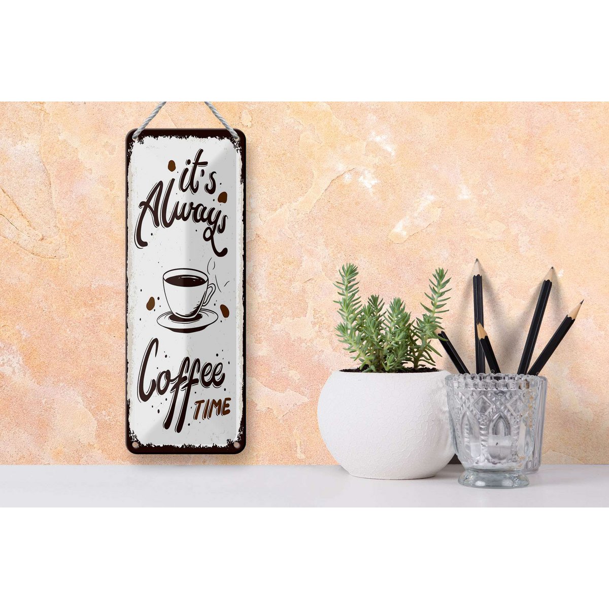 Tin sign saying 27x10 cm It's always coffee time Deku sign