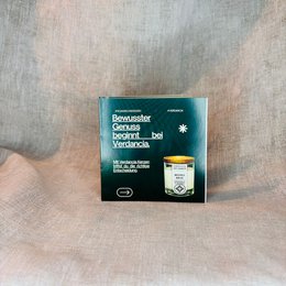 "Teal green scented candle brochure pack, minimalist design, natural fragrance product information booklet"