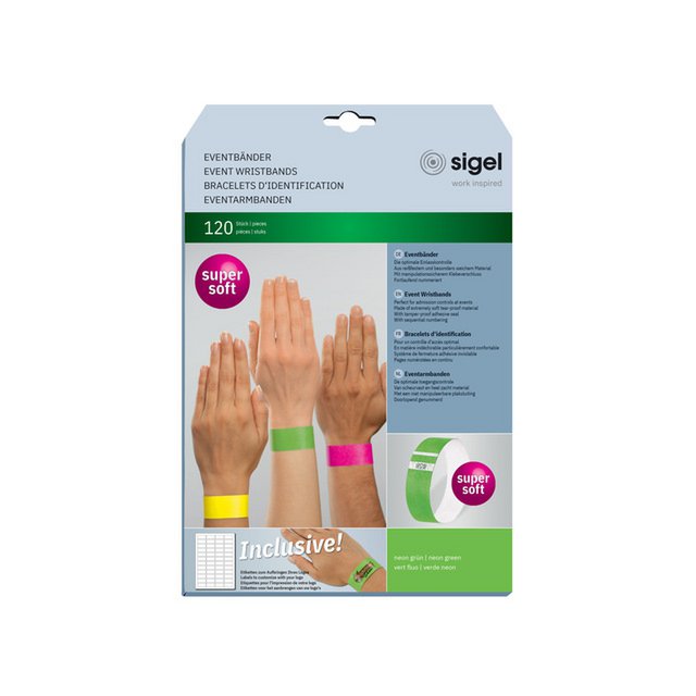 Braccialetti per eventi Sigel super soft 255x25mm verde neon 120 pz. incl. etichette