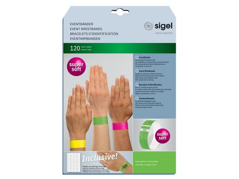 Event wristbands Sigel super soft 255x25mm neon green 120 pcs. incl. labels