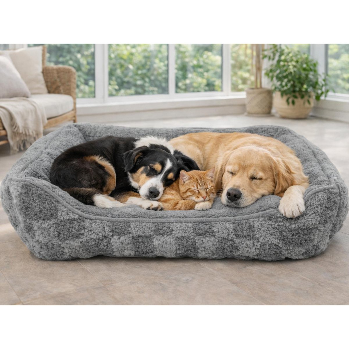 Warm Dog Bed | Grey and Brown Plaid Design | Soft & Padded Interior | Non-Slip Base | 3 Sizes Available | Cozy Bed for Small and Medium Dogs | Ideal for Winter