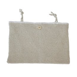 Off-white knitted storage bag for kids, suitable for storing toys, clothes, or other items. Made of soft, durable material with a simple, minimalist design.