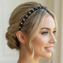 Black crystal headband with silver accents, beaded hair accessory, elegant updo styling piece.