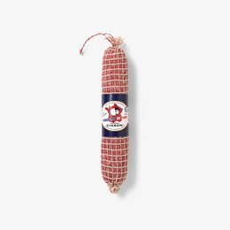 A red and white sausage with a label that says "Cisson" and features a French flag and map. The sausage appears to be a traditional French sausage product.