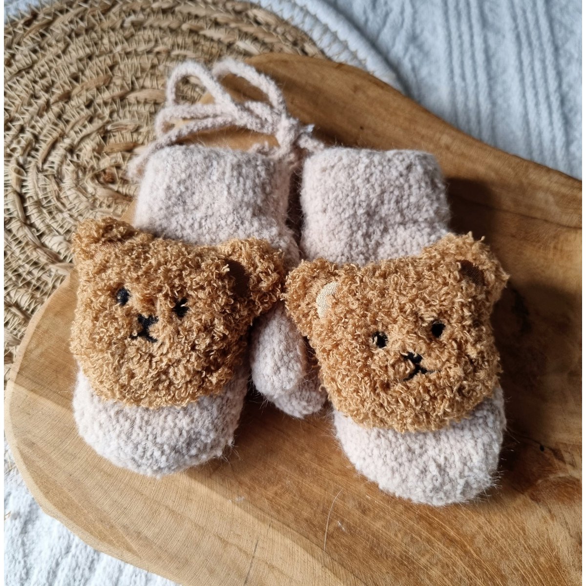 Baby Gloves / Mittens With Teddy Bear - Sand