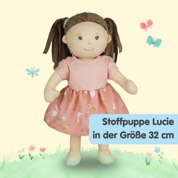 Stof Doll '' Lucie '' med kjole til at sætte på og tage af, 32 cm