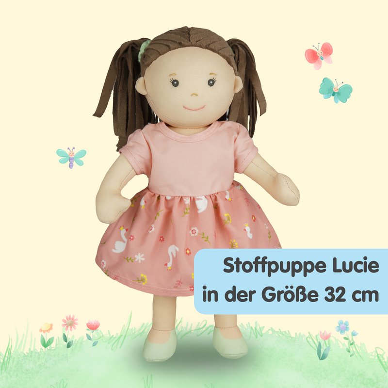 Stof Doll '' Lucie '' med kjole til at sætte på og tage af, 32 cm