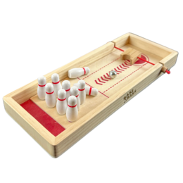 Wooden mini bowling game, small wooden toys, red and white pins, compact tabletop game, 22cm