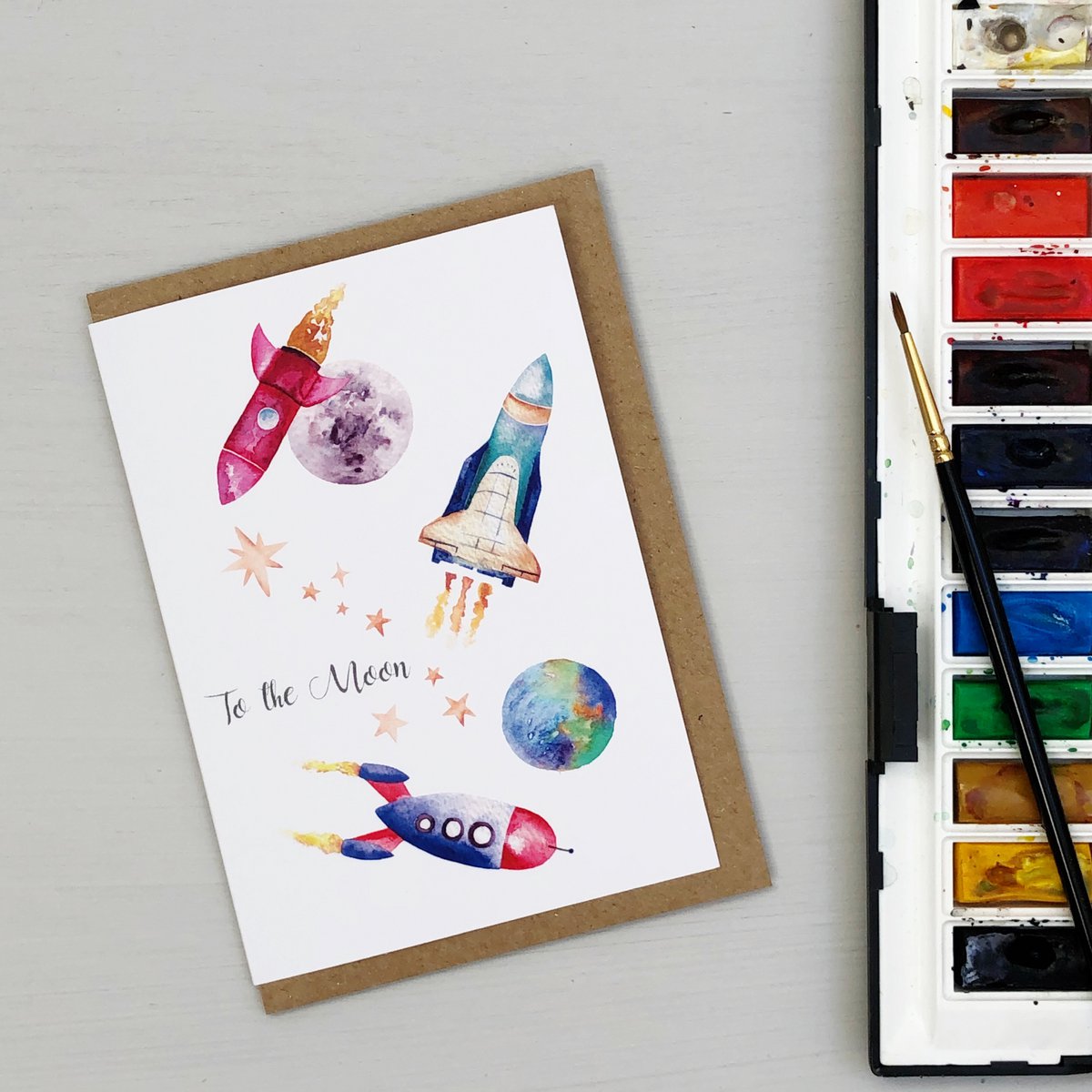 Rockets 'To the Moon' hand painted greetings card