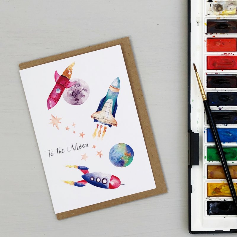 Rockets 'To the Moon' hand painted greetings card