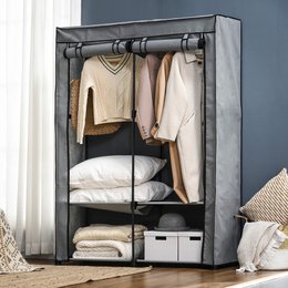 Fabric Closet Storage Solution 4 Shelves 2 Clothes Rails Gray