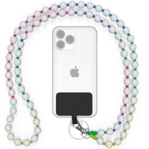 Mobiele telefoonketting universeel, houten kralen, handgemaakt - Witte Regenboog