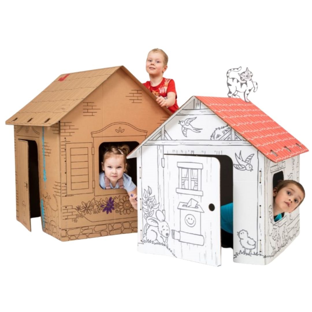 Kartonnen speelhuis Cabine met contouren van leuke dieren, bruin, groot, doe-het-zelf, om te schilderen, 3+ jaar