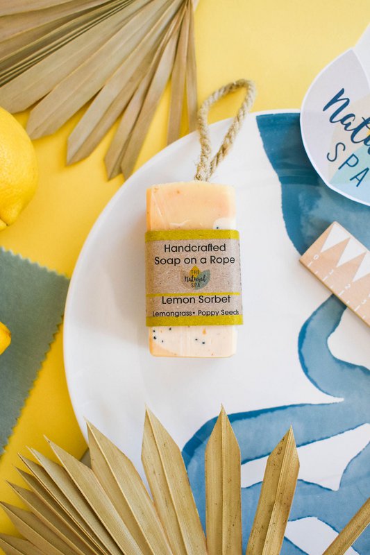 Lemon Sorbet Soap on a Rope | Lemon, Lemongrass & Poppy Seed Natural Handcrafted Soap | Vegan, Plastic-Free Skincare