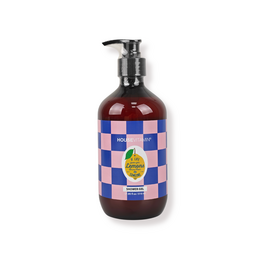 Blue and purple checkered pattern, lemon design, glass pump bottle, vegan shower gel.