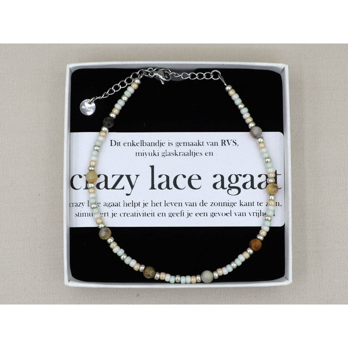 Enkelbandje crazy lace agaat, zilver of goud rvs