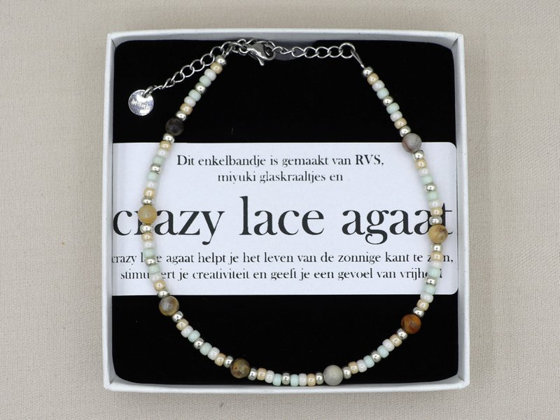 Enkelbandje crazy lace agaat, zilver of goud rvs