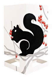 A black squirrel silhouette with red berries on a white background, featured on a greeting card product.