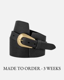 Wide waist belt with horseshoe buckle in black, brown, and cognac colors. Available in sizes XS-100. Features a classic style and durable leather construction.