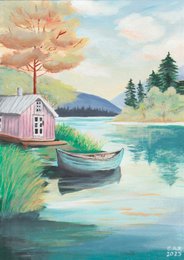 Bådehus – A4 kunsttryk af originalt akrylmaleri