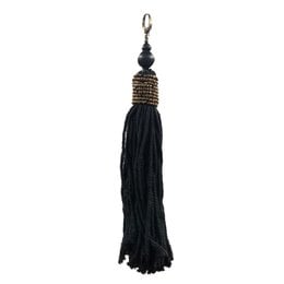 Black tassel keychain, bohemian style, decorative beaded top, fringe pendant accessory.