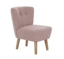  A plush, pink kids chair with a tufted back and wooden legs.