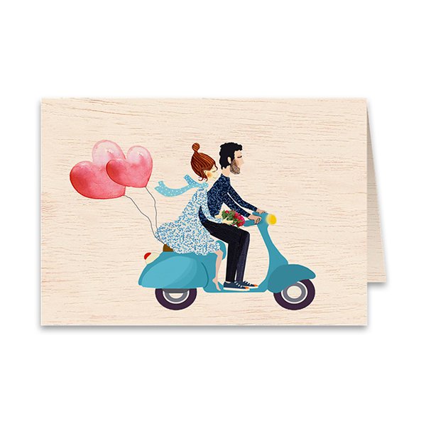 Blue Scooter Wedding Tarjeta de felicitación doblada de madera