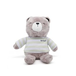 Soft, plush gray teddy bear with a striped white and gray shirt, perfect for perfume or fragrance products.