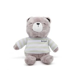 Soft, plush gray teddy bear with a striped white and gray shirt, perfect for perfume or fragrance products.