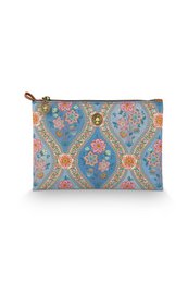 Medium-sized blue cosmetic pouch with ornate floral and geometric pattern design.