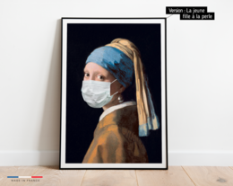 A poster featuring a woman wearing a medical mask and a pearl earring, reminiscent of the famous painting "Girl with a Pearl Earring" by Johannes Vermeer.