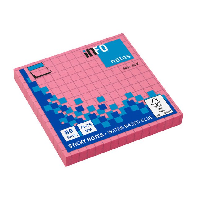 Info notes 75x75mm ruitjes fel roze 80 blad