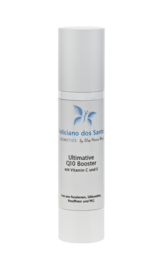 A white, cylindrical skin care product with a blue butterfly logo. The product is described as an "Ultimate Q 10 boosters" cream.