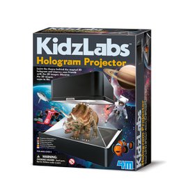 A black hologram projector device with a transparent display area and a hand holding a smartphone to project a holographic image.