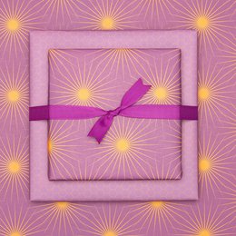 Lila Geschenkpapier mit Sonnensternen, retro Geschenkpapier orange und lila, ideal als Geburtstags- Geschenkpapier Frühling oder Weihnachtsgeschenkpapier
