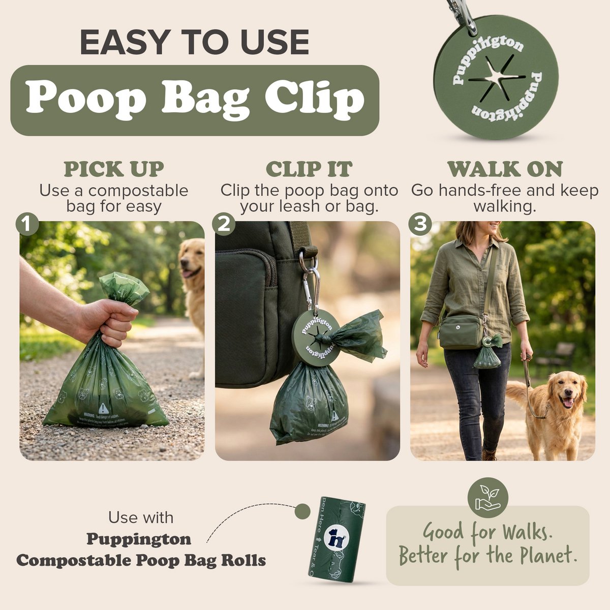 3-i-1 Crossbody hundetaske og skridsikker skål med matchende komposterbare poopposer