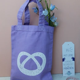  Purple fabric shopping bag with white pretzel motif, cotton tote with bavarian design