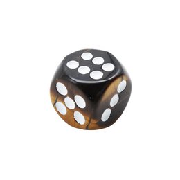 A black dice with white dots, featuring a tiger's eye design. This dice game is suitable for board game enthusiasts.