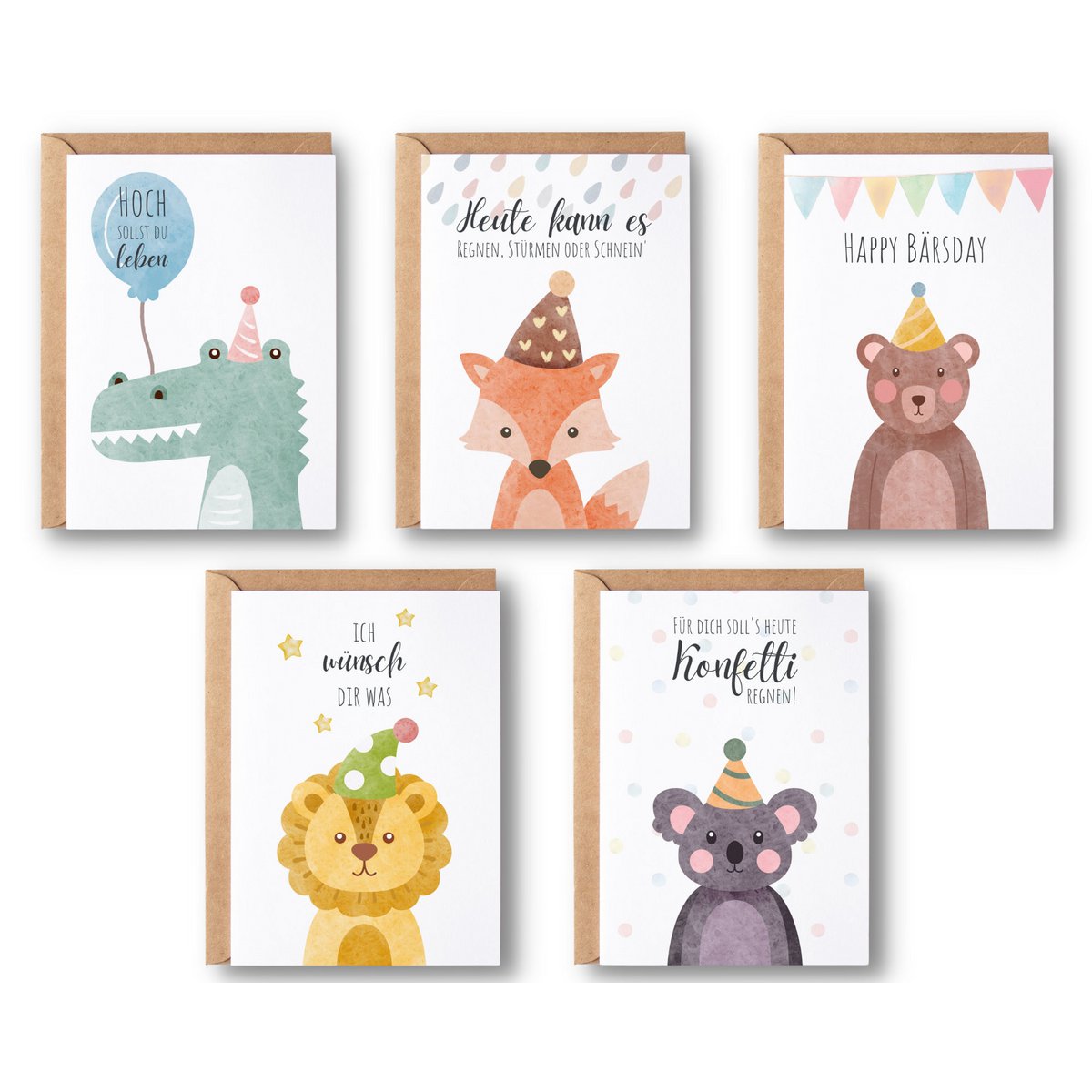 Juego de tarjetas de cumpleaños para niños y adultos con animales, 5 tarjetas plegables con sobres, juego de tarjetas de felicitación de cumpleaños