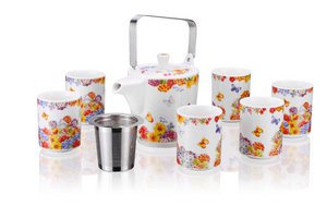 Teapot, infuser and 6 tea cups, Flowers, porcelain giftbox