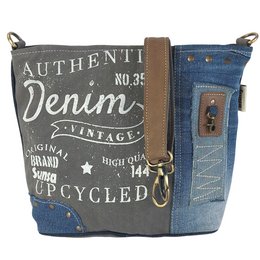 Sustainable shoulder bag made from recycled denim and canvas. Vintage retro style crossbody bag for women.