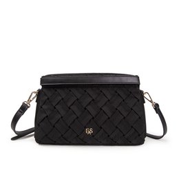 Black quilted nylon crossbody bag with woven pattern, adjustable shoulder strap, compact rectangular shape.