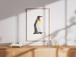Colorful penguin poster for kids' room, featuring a vibrant penguin illustration in a minimalist frame.