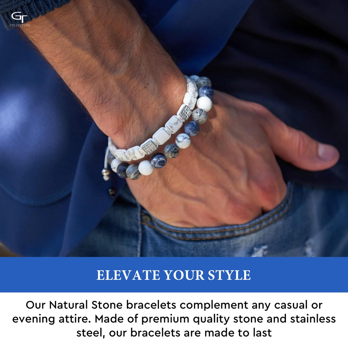 Bracelet perlé sodalite, howlite et jaspe pour hommes